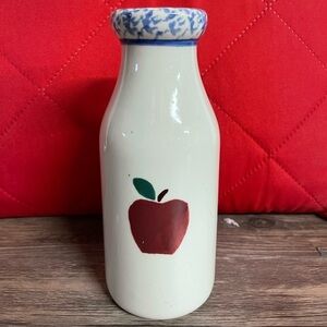 Vintage Apple Milk Bottle –‎ Painted Glass with Blue Rim – Country Kitchen Decor